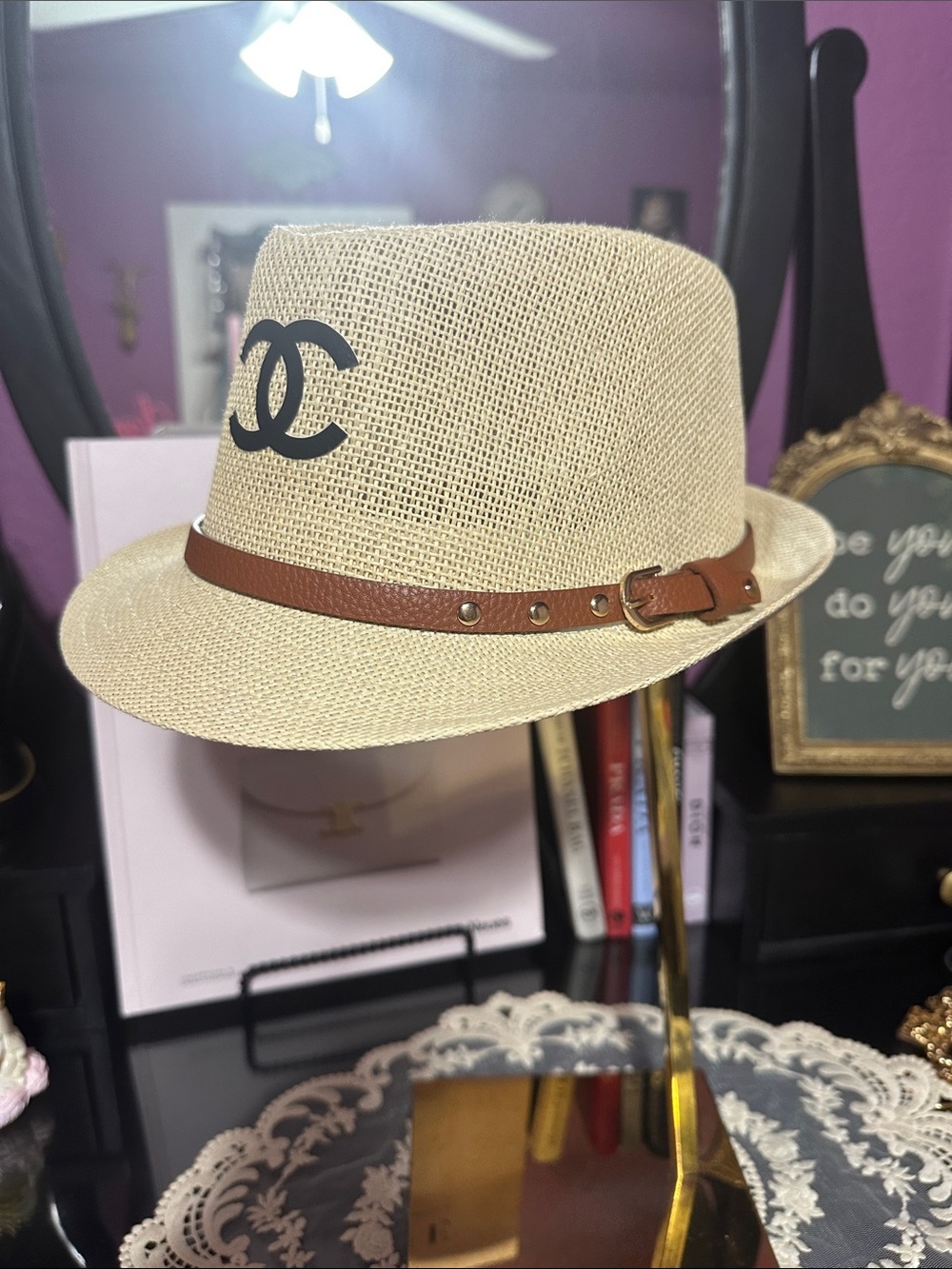 Beige Straw Fedora Hat with Brown Band NWOT